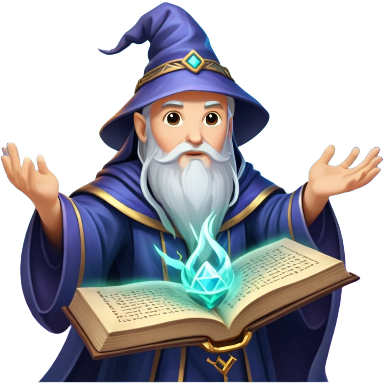 An icon representing an adventure game, inspired by mystical fantasy. The design features a wise and powerful wizard floating above an ancient spellbook, arcane runes glowing beneath him. The swirling cosmic background hints at deep magical knowledge, adventure, and untold power. Transparent background. emoji