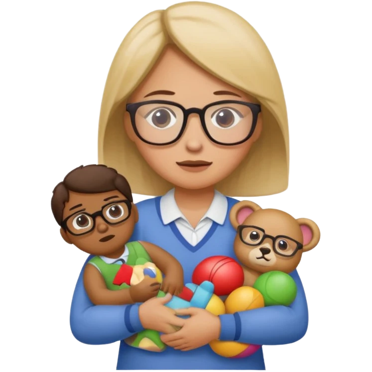 A kindergardenteacher carrying toys while looking exhausted and stressed. emoji