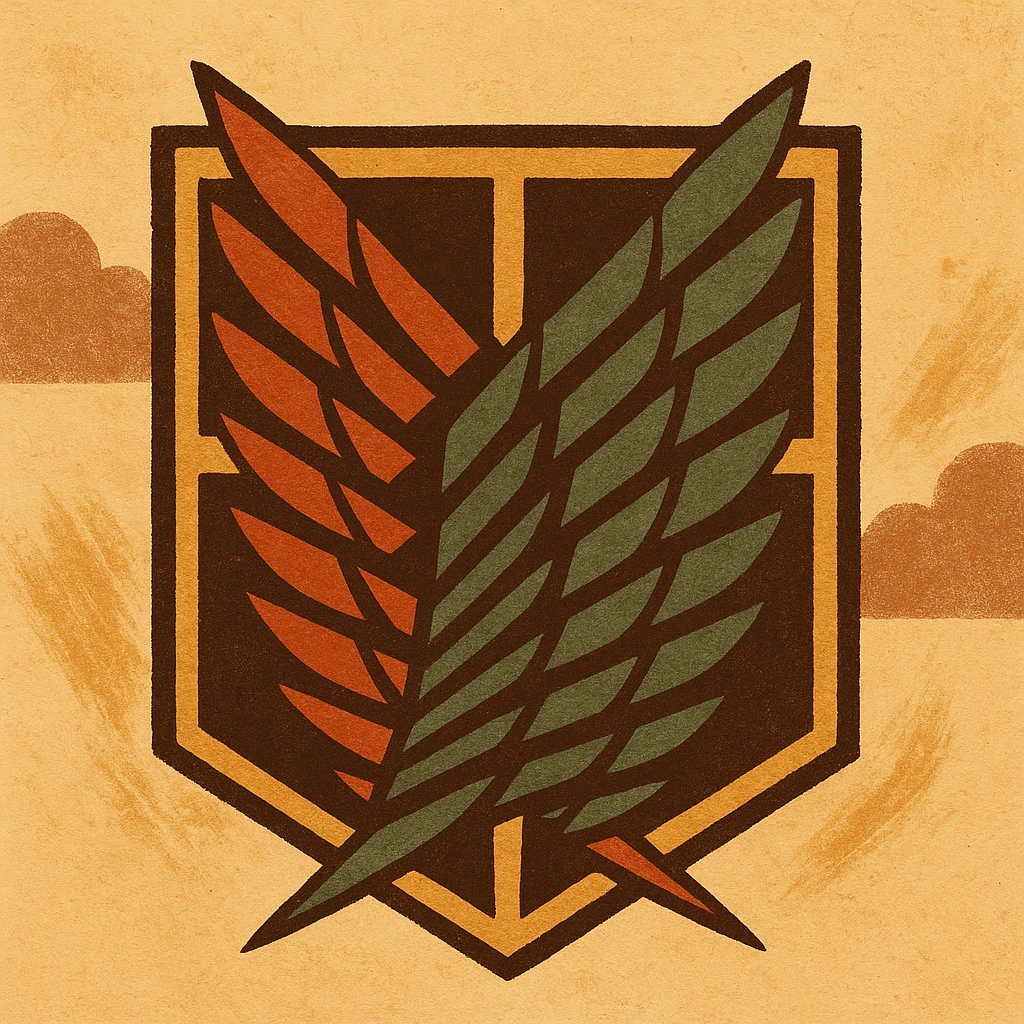Attack on Titan inspired icon, stylized Survey Corps emblem, dramatic and bold emoji
