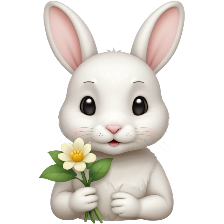I want a cute white short haired rabbit with a light yellow flower on its ears making a kissing face emoji