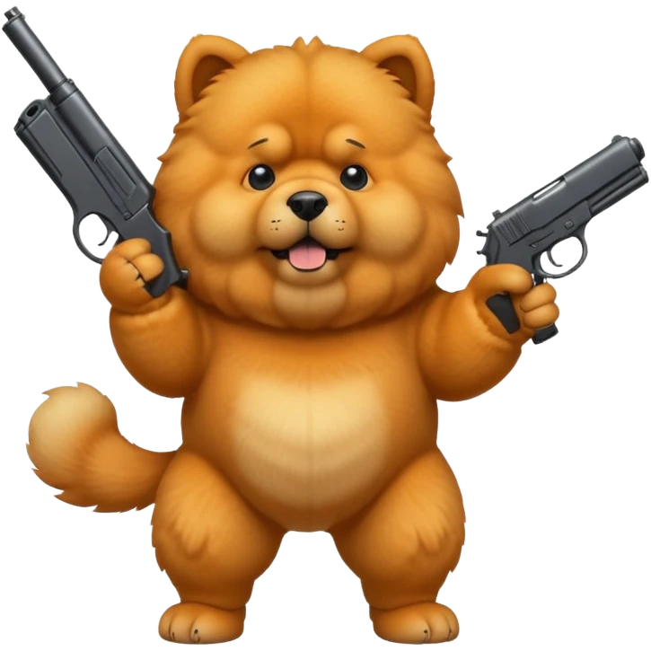 Funny cartoon-style chow chow dog standing on its hind legs and holding a gun menacingly emoji