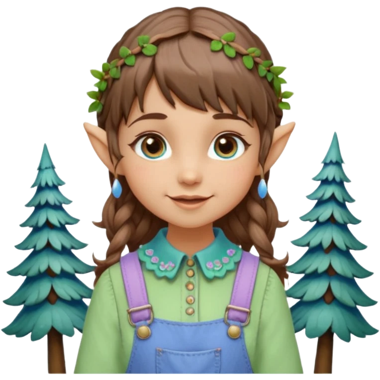 Kind happy whimsical quirky Girl toymaker, wood carving elf. Woodland nature creator. Blue eyes. Short bob, brown wavy hair with bangs. Whimsical playful cute. Overalls with nature embroidered cute shirt collar. Light green, light purple and light blue colour aesthetic  emoji
