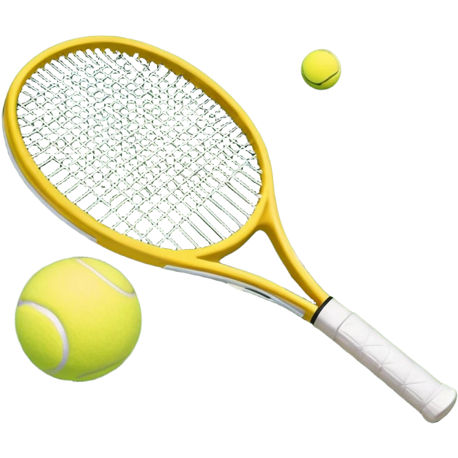 A tennis racket and ball on a grass or hardcourt surface, symbolizing the sport. The racket has a sleek design with tightly strung strings, while the bright tennis ball rests nearby, capturing the essence of precision, agility, and competition. emoji