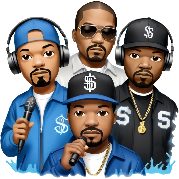 Icon for Rap Music: collage of rap legends—Snoop Dogg, Ice Cube, Dr. Dre, and 50 Cent. Iconic elements include microphones, headphones, and urban street elements like graffiti. Bold, energetic vibe with a hip-hop style. Transparent background. emoji
