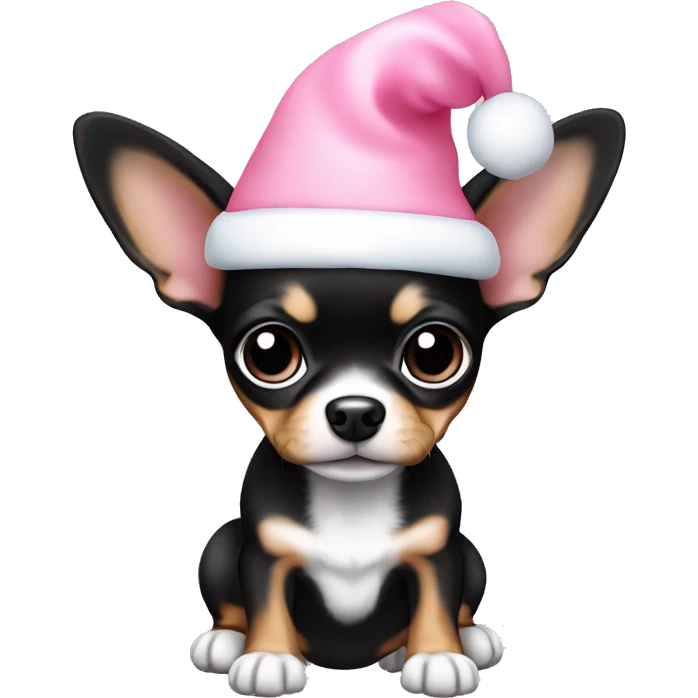 black & tan chihuahua puppy full body light blue eyes pink christmas hat on emoji