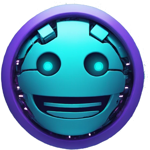 Smily face robotic scanning device, cyberpunk, cyan and purple colors, top view of scanning code file emoji