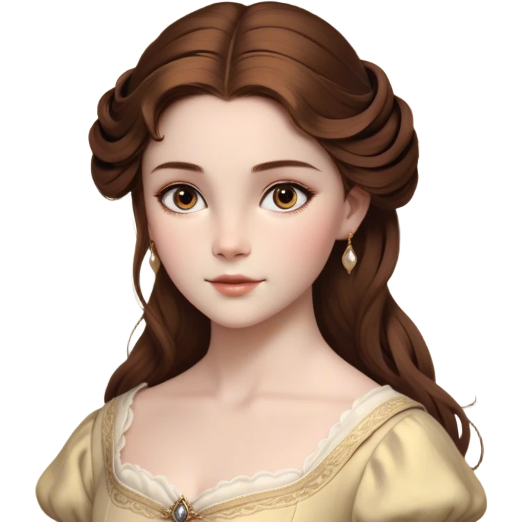 Cinematic Realistic Belle Portrait, depicted with lifelike skin texture, soft natural lighting, and intricately detailed brown hair styled elegantly. Her deep, expressive eyes exude warmth and intelligence, complemented by a serene and graceful expression. She is dressed in her classic attire, with rich fabric textures and delicate folds that catch the light beautifully. The portrait features a soft, enchanting glow with a natural, radiant finish, capturing the essence of timeless beauty in a realistic and painterly style, evoking a sense of depth and authenticity. emoji