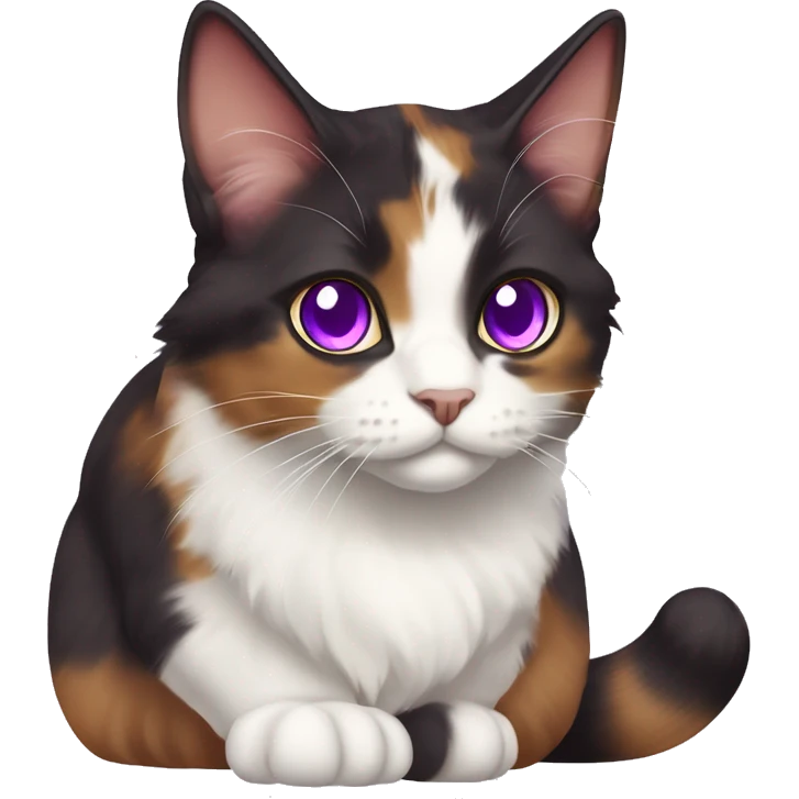 Calico cat with purple eyes and white pupils, dark brown, red, and white color, Munchkin fluffy cat, purple eyes emoji