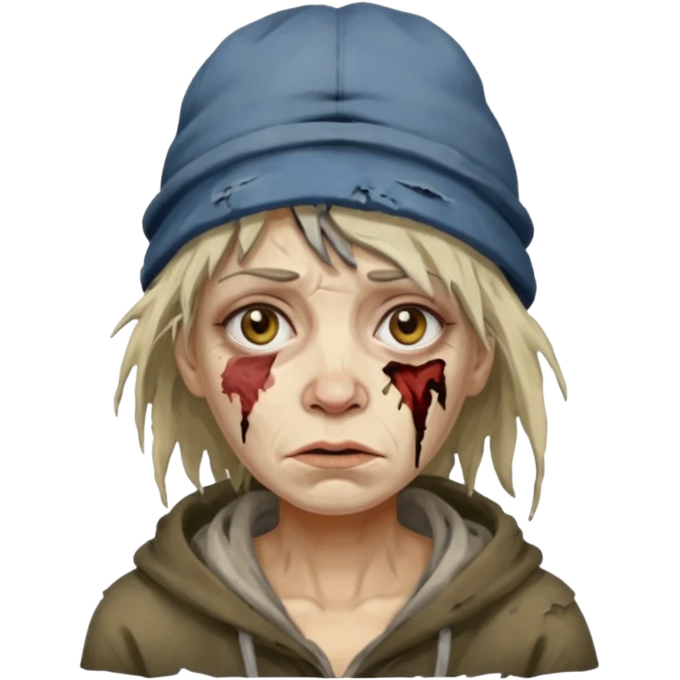 very dirty looking homeless woman with ripped hat and smudged face with ugly hair emoji