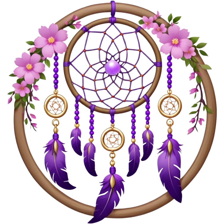 A white-wooden-circle-framed Dreamcatcher. with purple-round-orbs, gold-rings hanging down. purple flowers, pink sakura flowers, emoji