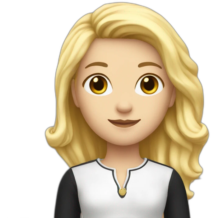 Girl standing with black capn and blond hair and white top en black pants emoji