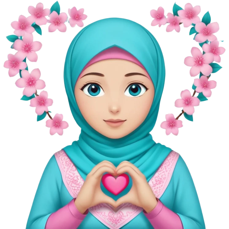 Turkish beautiful finish Konya girl blue eyes with light turquoise sakura and pink hijab islamic dress and making heart with hands and with thank you text emoji