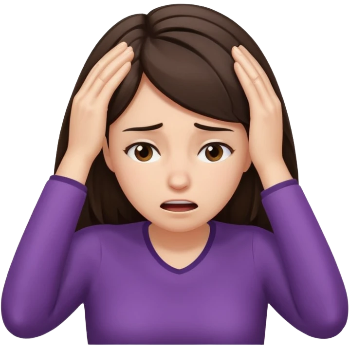 female pulling her hair with stressed face, face palm, brunette emoji