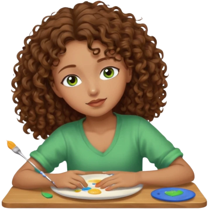 Brown curly hair girl blue green eyes painting sleeping eating dancing listening to misic emoji