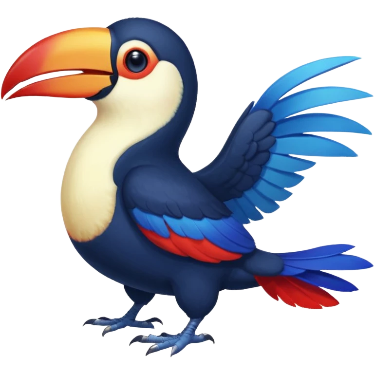 Blue tropical toucan-fakemon-bird, with red long beak, with a short blue lizard-tail curled inwards, Genshin Impact’s Dusk Bird emoji