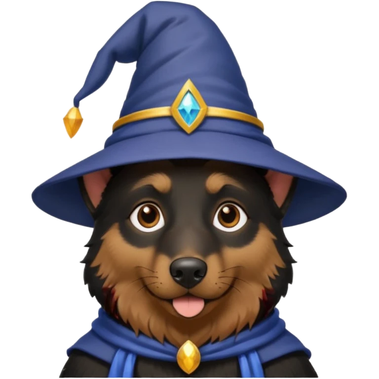 black german shepherd face wearing a wizard hat emoji