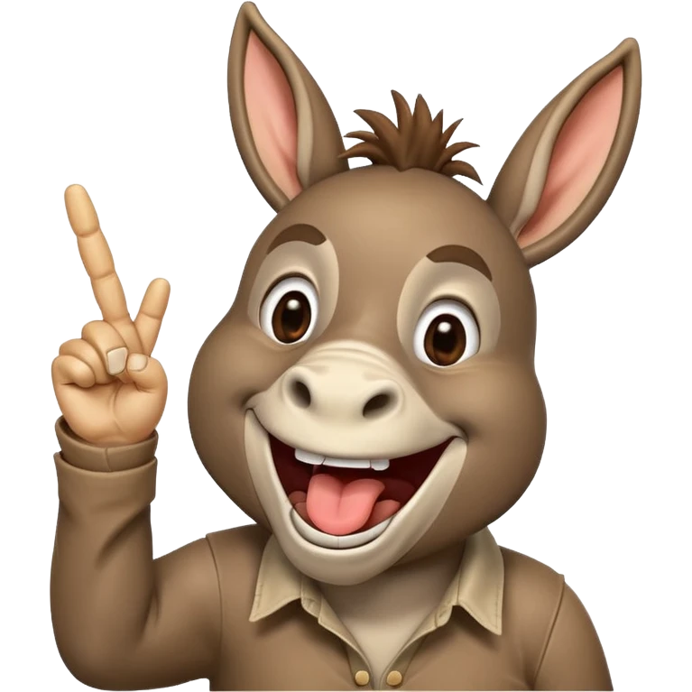 A donkey with a piece of straw in their mouth laughing hysterically while pointing up the middle finger emoji