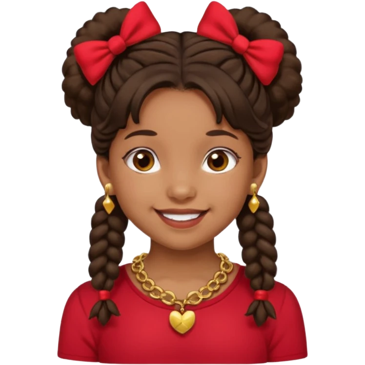 Brownskin girl dark brown hair fluffy. pigtails with red bows brown eyes smiling closed mouth red shirt gold esrrings gold necklace emoji