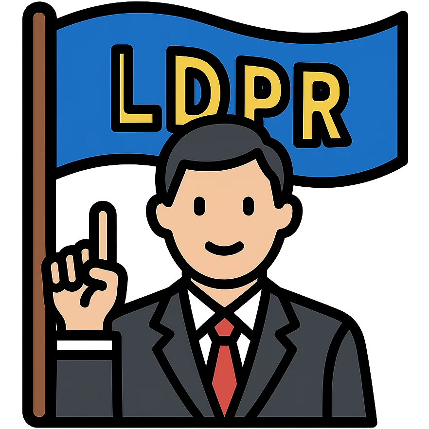 A man holding up his finger, in a suit, blue flag with yellow LDPR lettering on the back emoji