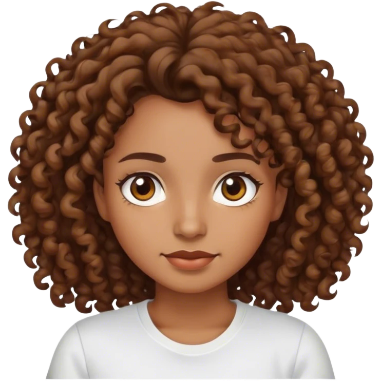 Femme cheveux bouclés sans volume brune avec les yeux marrons et un t-shirt blanc emoji
