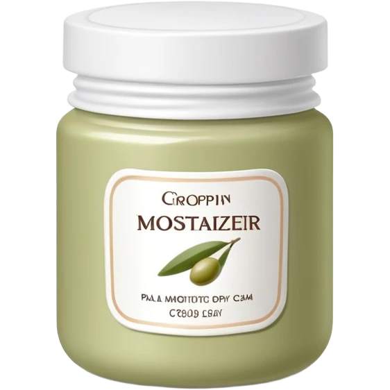 Pale olive body moisturizer cream pot with label emoji
