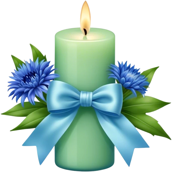 Chanel candle in blue and green with a light blue bow and cornflower bouquet  emoji