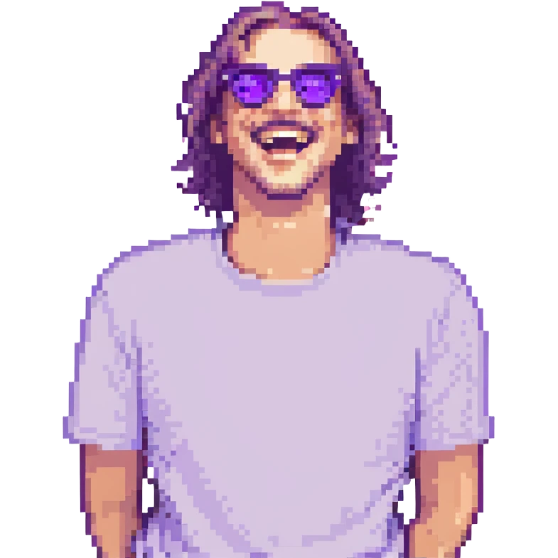 A man with purple sunglasses, laughing emoji