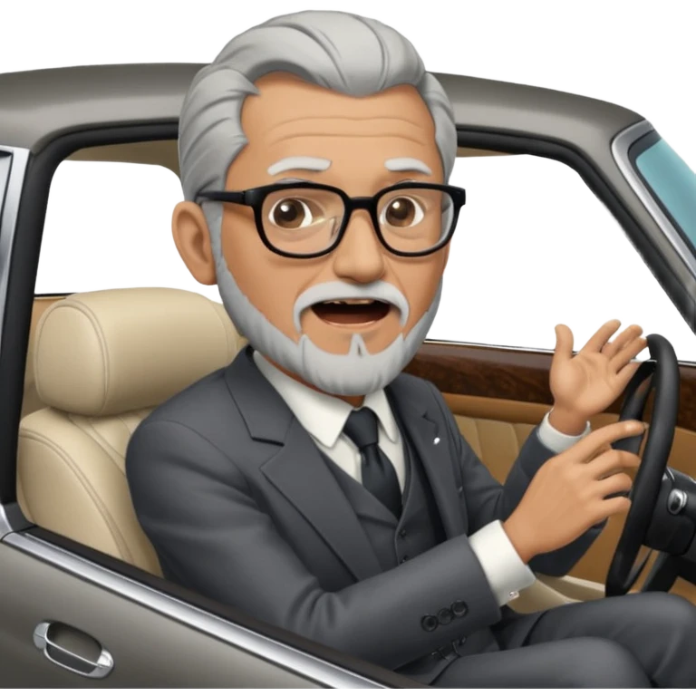 Professor Bentley Dyed black gray hair  frencb beard graying indian guy in suit sitting in a bentley car and screaming fraud. Older look around 60 yrs  with glasses slight balding emoji