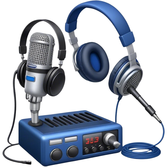 Create a sleek and professional emoji that represents voice acting and dubbing equipment. The design should feature a high-quality microphone, a sound mixer or audio interface, and headphones to symbolize the recording and technical process. Include elements like a soundproof booth or audio cables to reflect the studio environment. Use a modern, clean design with colors like silver, black, and dark blue to represent the professional side of voice acting. The background should be transparent. emoji