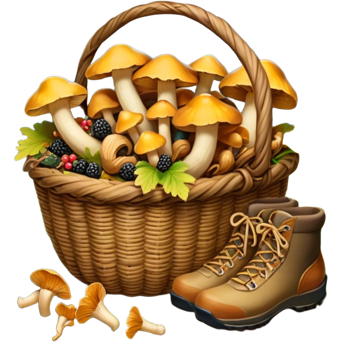 Icon for Mushroom and Berry Tourism: a basket filled with mushrooms chanterelles, boletus and aspen and berries, surrounded by forest elements like trees, leaves and a hiking boots. The icon should capture the joy of foraging in nature. Transparent background. emoji