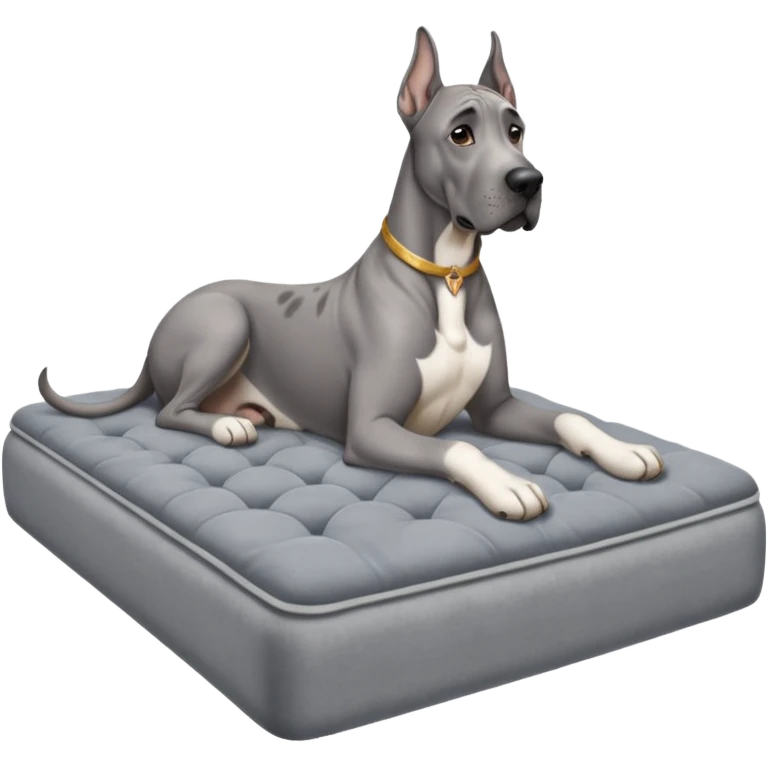Gray Great Dane on king size mattress floppy ears emoji