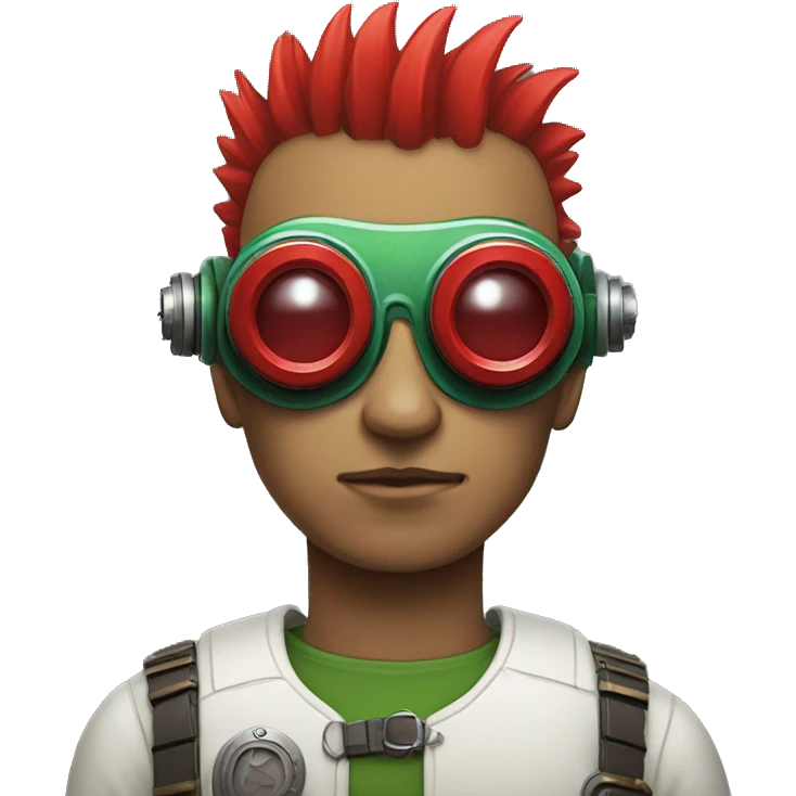 Male cyborg with thin red Mohawk and green steampunk goggles emoji