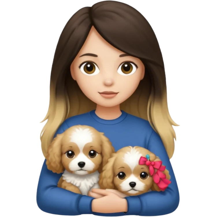 Make a girl with brunette/black straight long hair holding a 1 blonde cavapoo dog emoji
