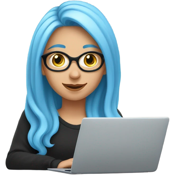 a white girl with long blue hair in a black sweatshirt is sitting at a laptop emoji