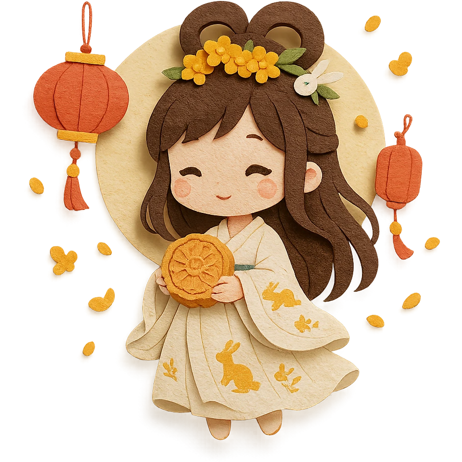 cute chibi girl in moon-white hanfu with gold moon rabbit patterns, osmanthus flower crown, jade rabbit hairpin, holding round lotus mooncake, floating red palace lanterns and osmanthus petals, pale gold full moon behind, dreamy paper-craft style, full body, transparent background emoji