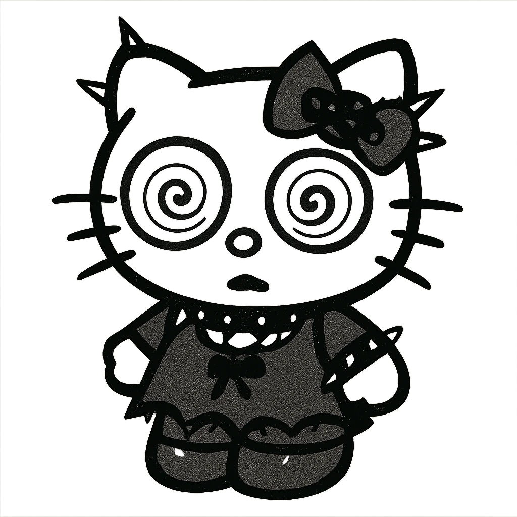 gothic Hello Kitty with exaggerated funny eyes, gothic accessories, comical look emoji