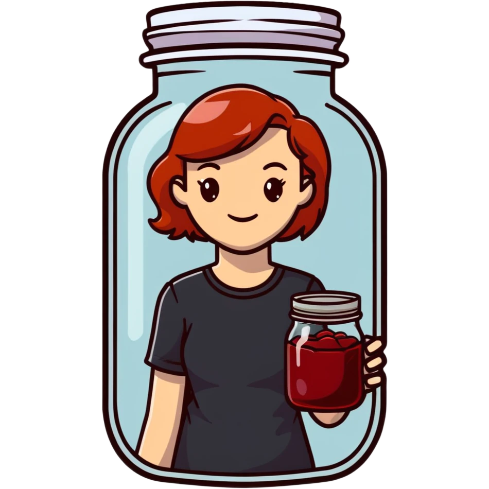 redhead woman showing a glass jar with jam at arms length, closeup emoji