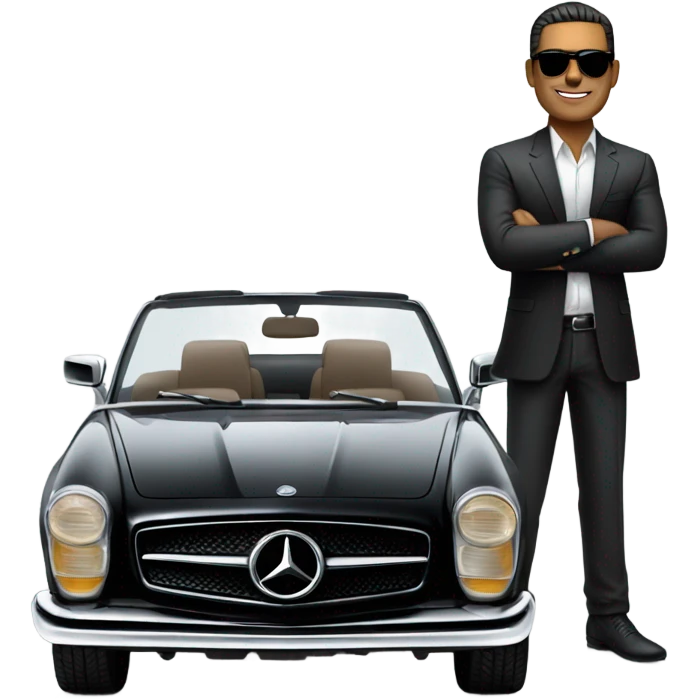 Latino Businessman with sunglasses standing in front of black Mercedes convertible emoji