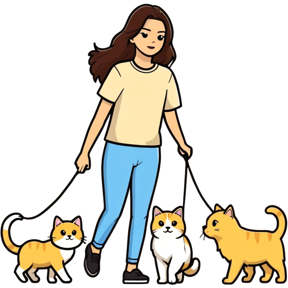 Kendall Jenner with long brown hair walking a golden retriever dog and three cats, two cream colored cats and one white and blue cat emoji