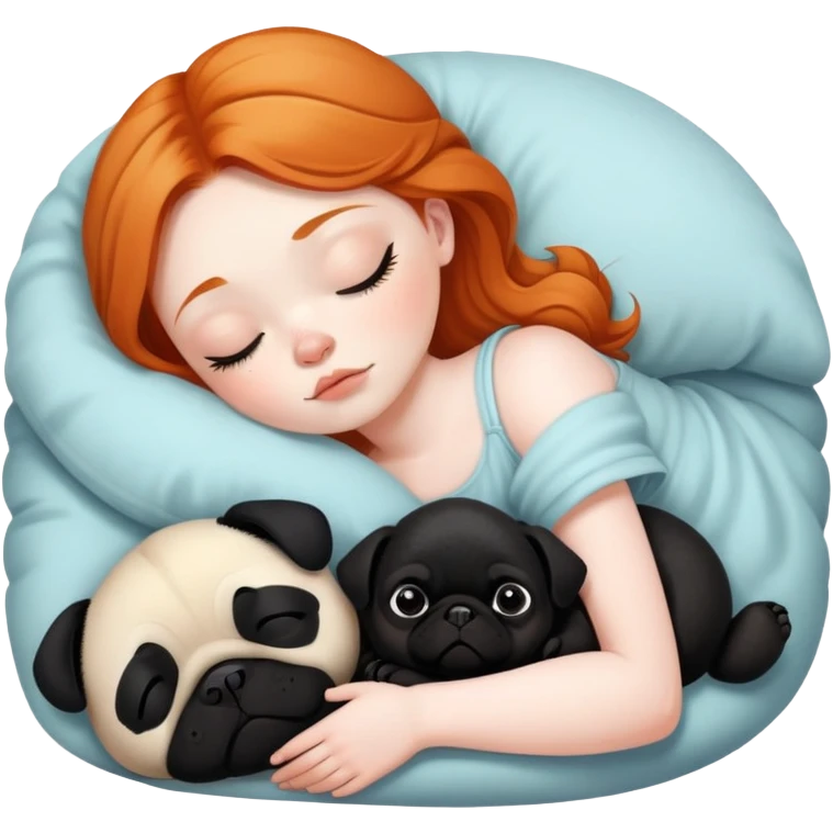 Sleeping ginger girl with black pug puppy and panda pug emoji