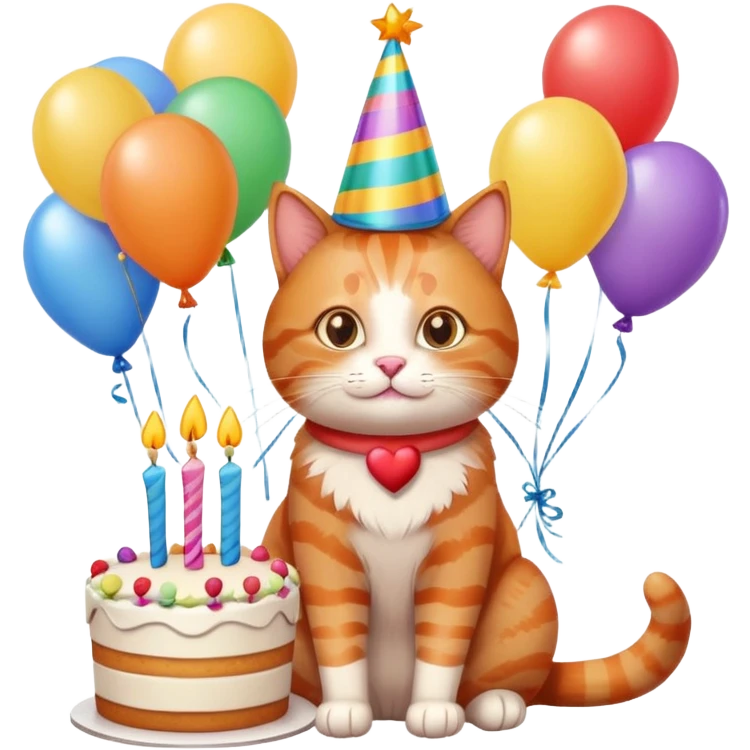 Ginger cat celebrates birthday, birthday hat, birthday cake, balloons, happy, gifts emoji