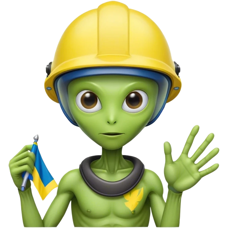 Green alien in helmet, with Ukraine flag in a hand emoji