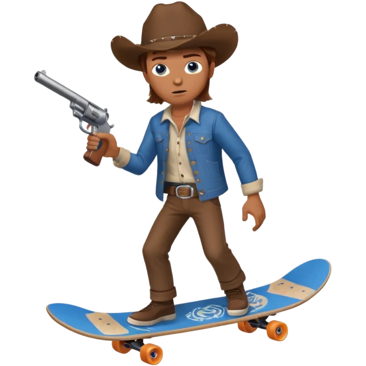 A very dangerous looking cowboy holding a gun and riding a skateboard  emoji