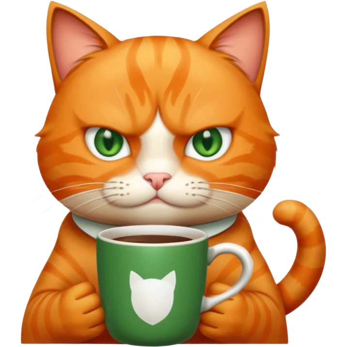 Orange cat, angry, holding coffee mug emoji