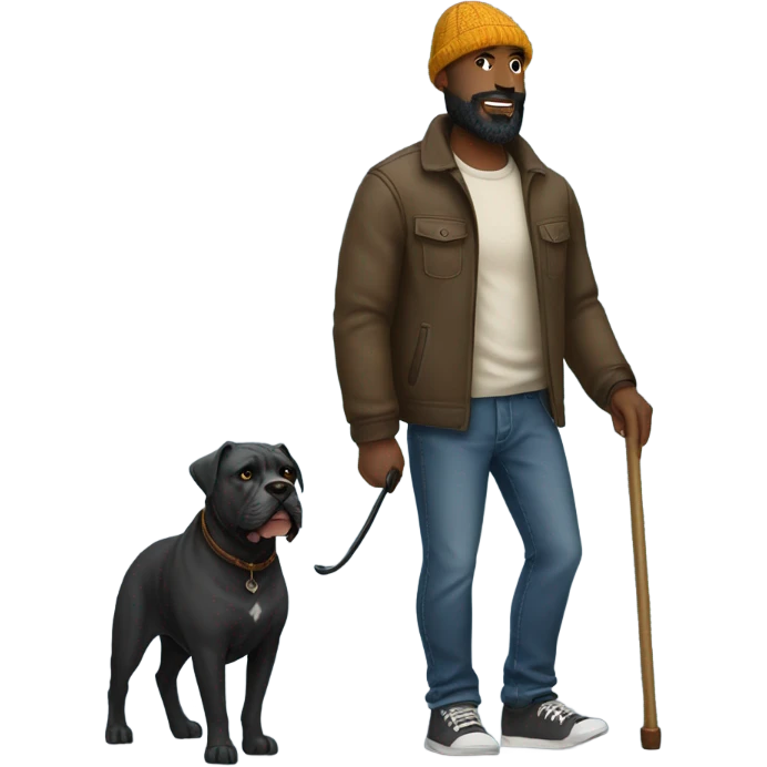 Black bald man with beard and beanie walking a Kane corso emoji