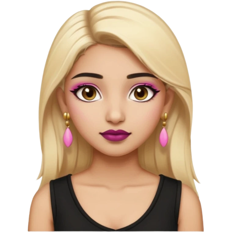 Sweet Indian girl blonde hair darkbrow eyes brown lipstick, pink blush, black top gold earrings, brown eyebrows gold eyeshadow  emoji