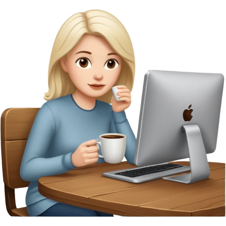 mujer blanca tomando cafe y con un computador sentada en una mesa  emoji