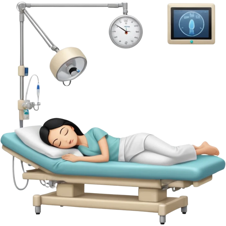 A female patient with black hair lying on an examination bed, head on a pillow and eyes closed, shown in a wide, full-body view in a clean colonoscopy procedure room. No medical staff visible. emoji