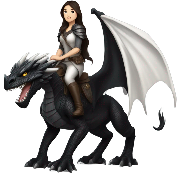 Determined and beautiful armored White Woman with dark brown long hair riding on the back of a giant black dragon emoji