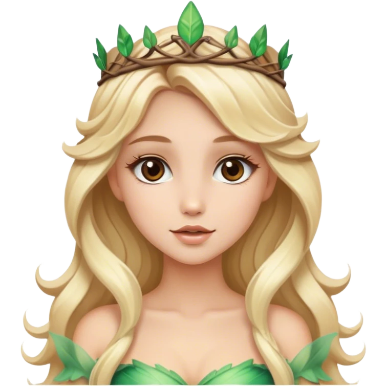 Luxury blonde model, brown eyes, soft sleek wavy hair, woodland fairy princess emoji
